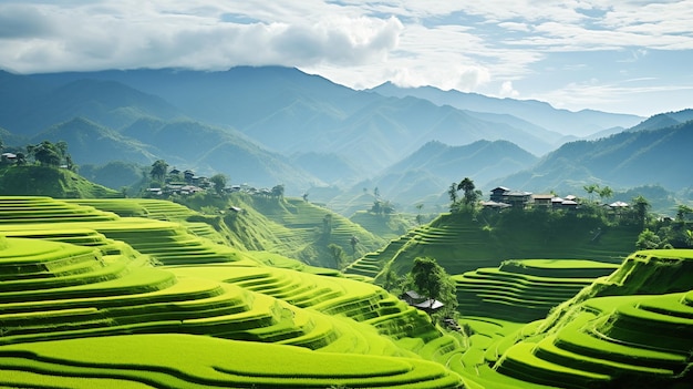 Groene rijstvelden die zich uitstrekken tot aan de Thaise horizon