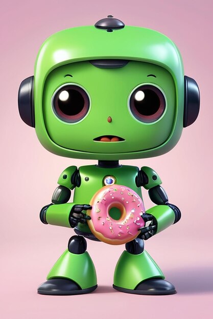 Foto groene robot met donut cartoon personage