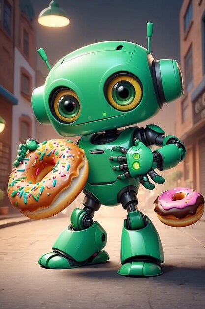 Groene robot met Donut cartoon personage