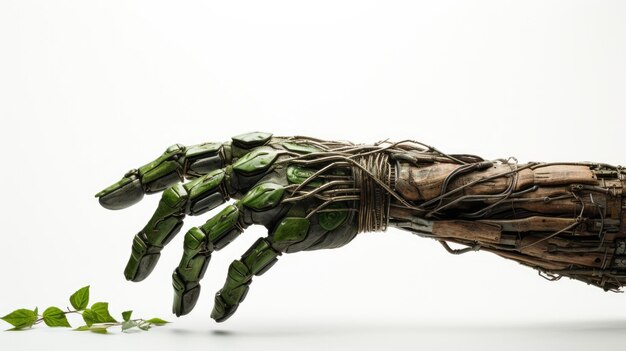 Groene robothand die naar boombladeren reikt
