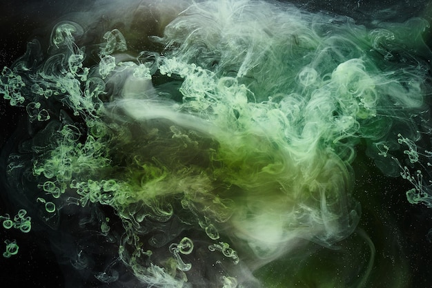 Groene rook op zwarte inktachtergrond, kleurrijke mist, abstracte wervelende smaragdgroene oceaanzee, acrylverfpigment onder water