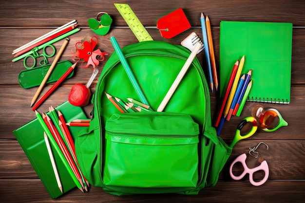 Groene rugzak gevuld met schoolbenodigdheden op een houten tafel Generatieve AI