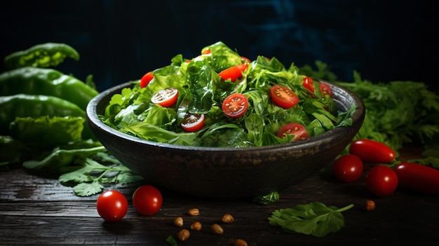 Groene salade van verse bladeren en tomaten