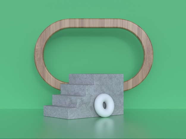 groene scène muur vloer houten frame geometrische vorm 3D-rendering