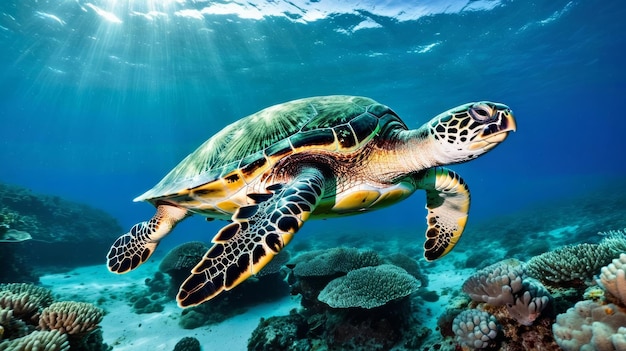 Groene schildpad zwemt over koraalriffen