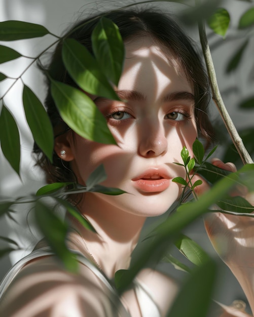 Groene schoonheid Een mooie jonge vrouw met fris zomerhaar die de natuur omarmt in een tuin