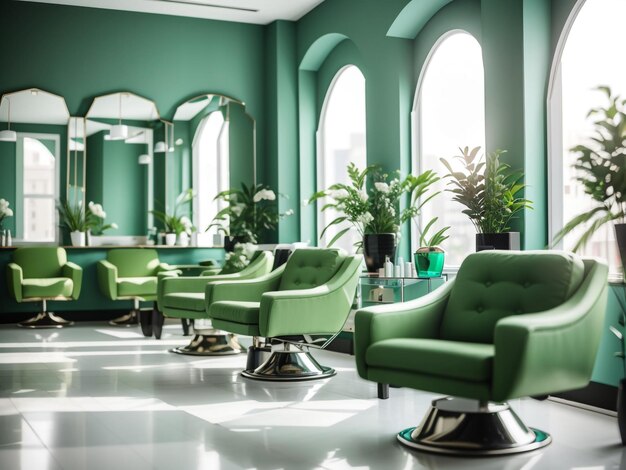 Groene schoonheidssalon met rijen fauteuils en minimalistisch design