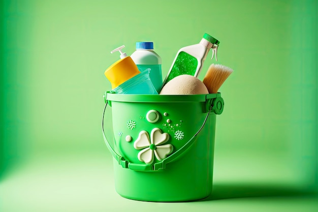 Groene schoonmaak emmer met schoonmaakmiddelen op groene achtergrond