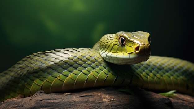 Groene slang met gedetailleerde schubben die op hout rust op een donkergroene achtergrond