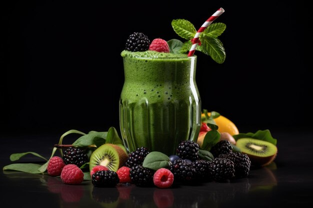 Groene smoothie met bessen kiwi en munten verfrissende en voedzame drank Groene Smoothie versierd met fruit en bessen tegen een zwarte achtergrond Gezond voedsel concept AI gegenereerd