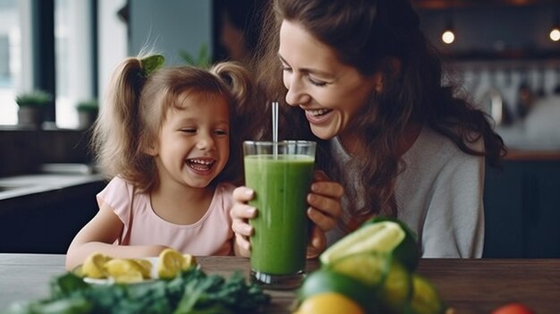 Groene smoothies worden geconsumeerd door een jong meisje en haar moeder aan een keukentafel met behulp van Generative AI