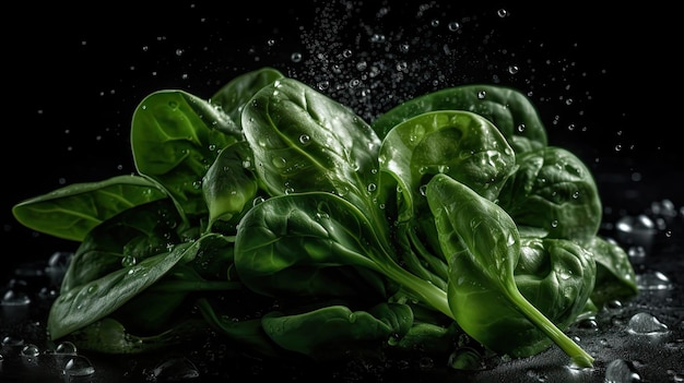 Groene Spinazie geraakt door spatten van water met zwarte onscherpe achtergrond