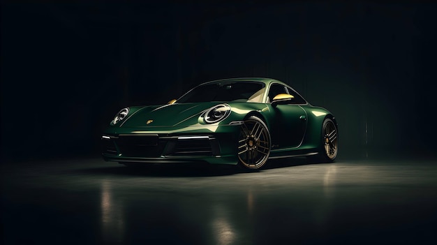 Groene sport Porsche 911 op donkere achtergrond in auto-service