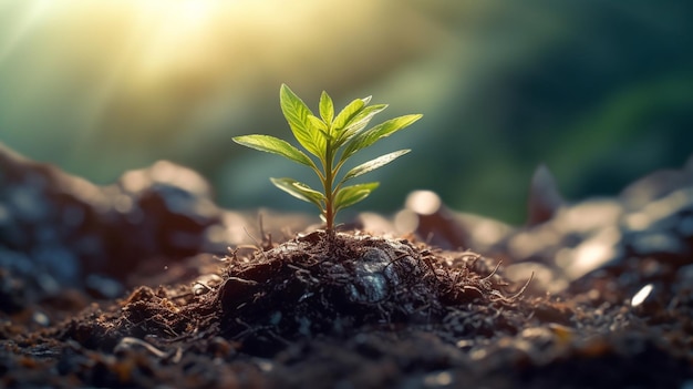 Groene spruit groeit in de grond met kopieerruimtegeneratieve ai