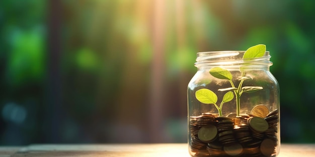 Groene spruit groeit uit pot met munten Op houten tafel Wazige achtergrond Economie concept Generatieve AI