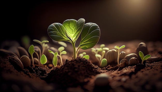 Groene spruit van een plant die uit de grond groeit onder de felle zonnestralen