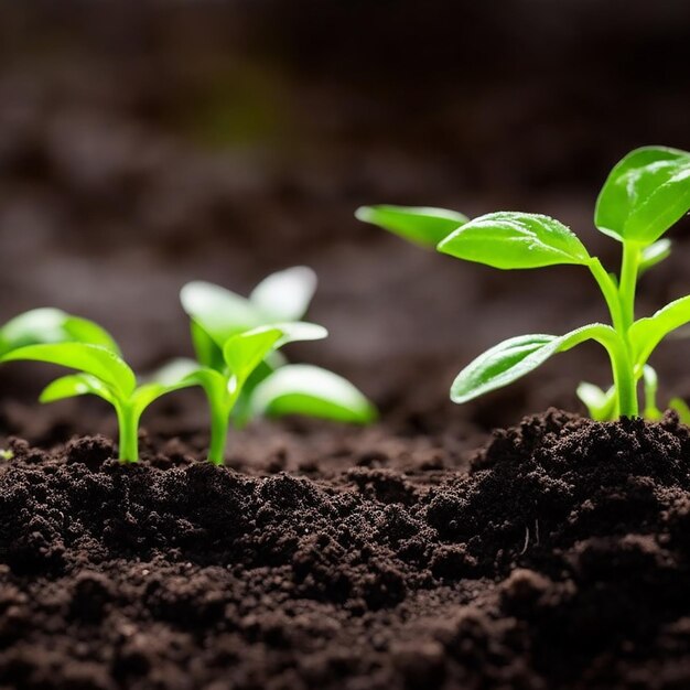 Groene spruiten in donkere grond tegen een wazige achtergrond die het concept symboliseert