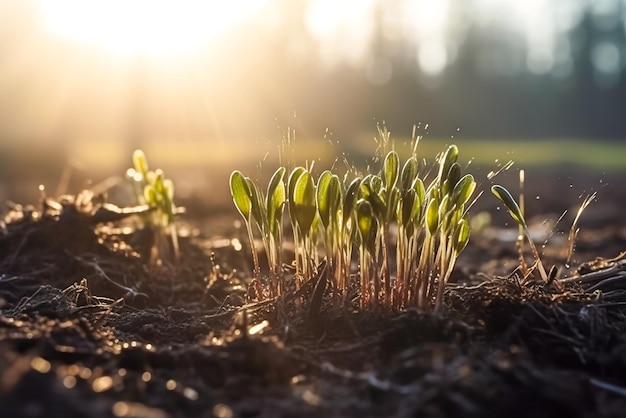 Groene spruiten in het bos bij zonsopgang Vroege lente in het bos Generatieve AI