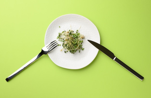 Groene spruiten van chia, rucola en mosterd in een witte ronde plaat, bovenaanzicht. Een gezond voedingssupplement met vitamine C, E en K