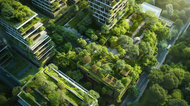 Groene stad met met bomen bedekte daken gezien van boven aig