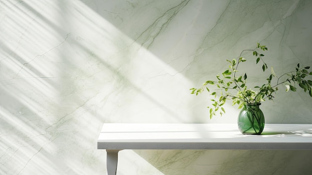 Groene tak van de boom met schaduw tegen witte marmeren tegelwand en houten tafel met kopieerruimte in het lentezonlicht