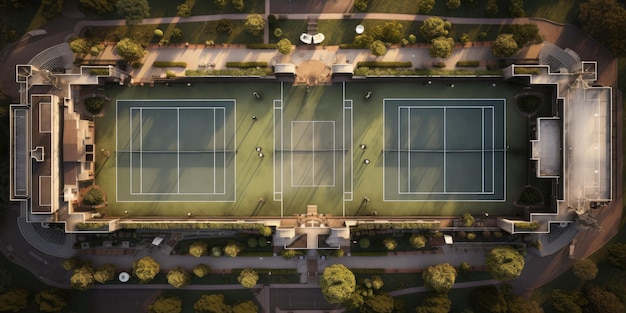 Groene tennisbaan Top uitzicht Sportveld met bomen en groen