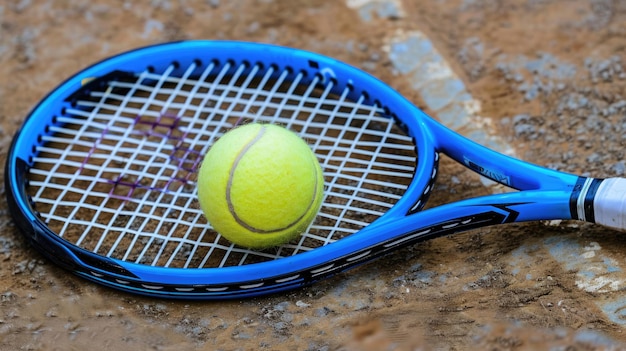 Groene tennisbal en racket close-up achtergrond met een tennisbaan