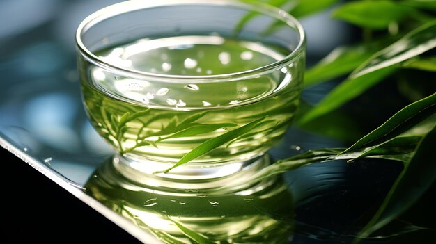 Groene thee blad scheuten zeer vers gemaakt in een glas groene thee op de tafel Genereren AI