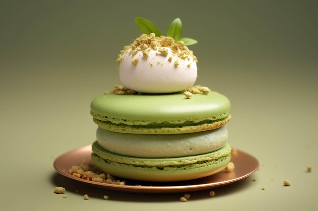 Groene thee macaroon met slagroom op groene plaat close-up