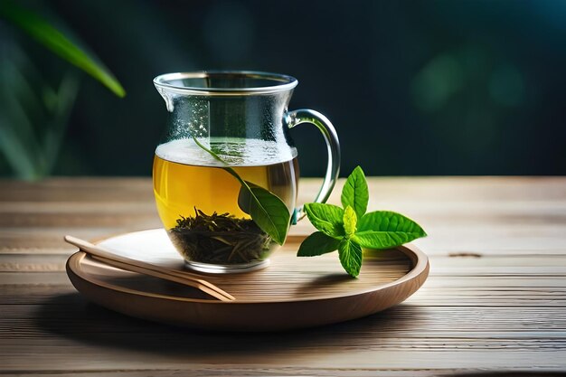 Groene thee wordt realistisch op tafel gelegd