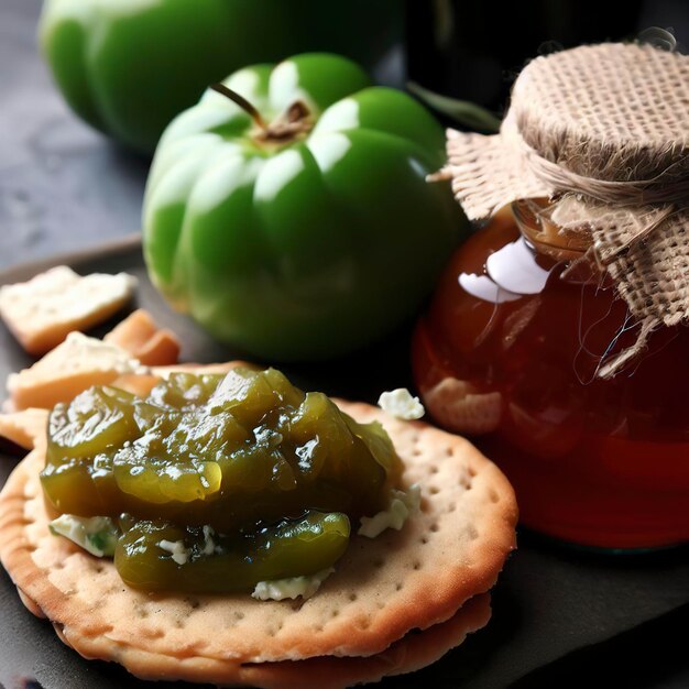 Groene tomatenjam en schimmelkaas op knapperig brood