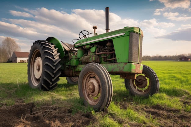 Groene tractor in geploegde veldschuur in generatieve IA als achtergrond