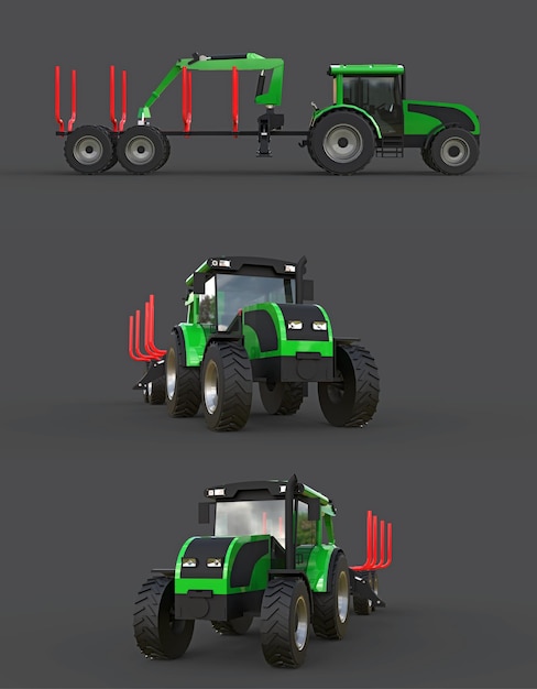 Foto groene tractor met een aanhanger voor het inloggen op een grijze achtergrond 3d-rendering