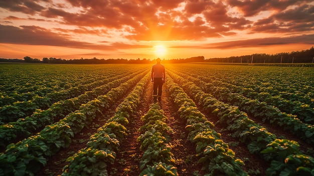 groene tractor ploegt graanveld met hemel met wolken