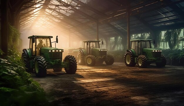 groene tractoren die zaden leggen in een kas in de stijl van mat schilderen