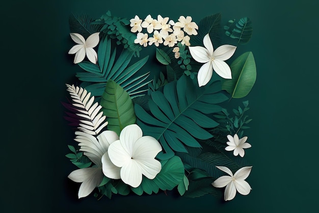 Groene tropische bladeren en witte bloemen Generatieve Ai
