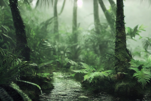 Groene varens in de tropische jungle 3D-rendering rasterillustratie