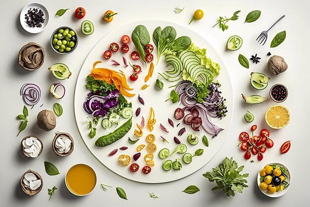 Groene veganistische salade van groene bladeren mix en groenten Bovenaanzicht op witte achtergrond