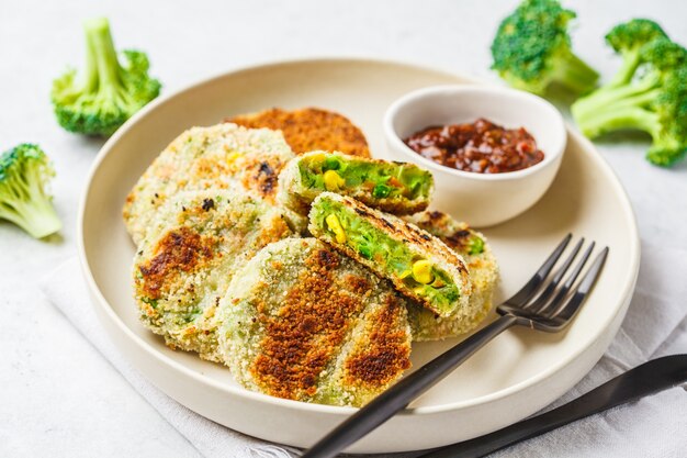 Groene Veggie broccoliburgers in witte schotel op witte achtergrond.