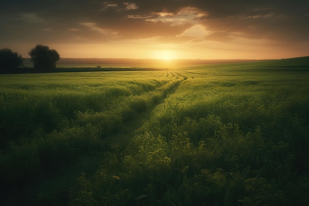 Groene velden bij zonsondergang generatieve ai