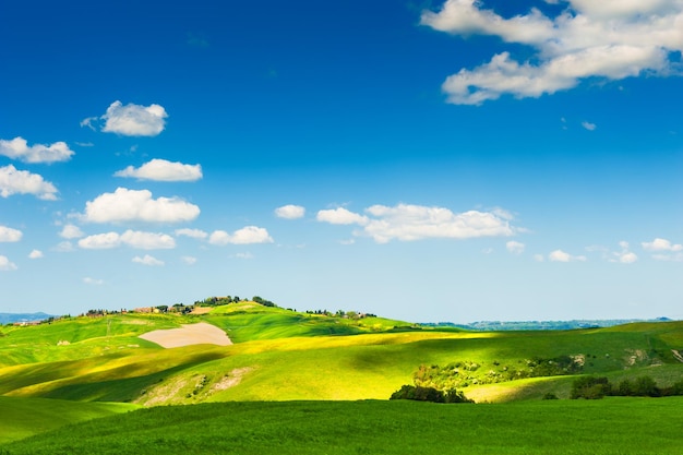 Groene velden en blauwe lucht in Toscane, Italië. Zomer landschap