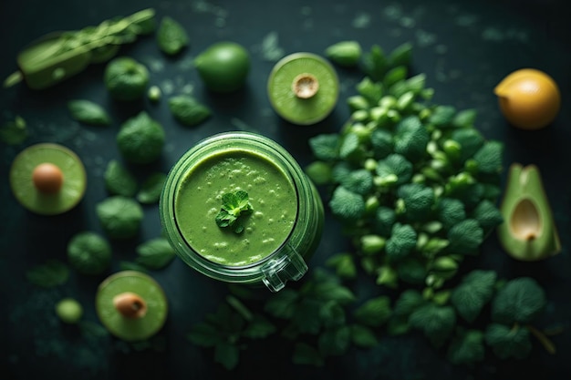 Groene verse smoothie gemengd in blender bovenaanzicht ai generatief