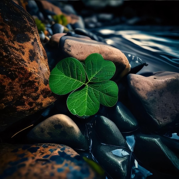 Groene vierbladige klaver rond stenen water Groene vierblauwe klaver symbool van St. Patrick's Day