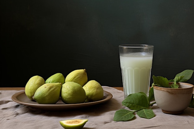 Groene vijgen op een bord met een drankje aan de zijkant op een gips- en houten tafel