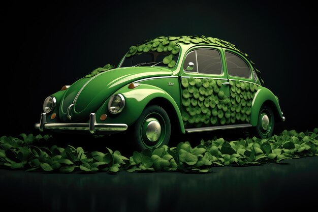 Foto groene vintage auto versierd voor st patrick's day transport illustratie op een groene achtergrond generatieve ai