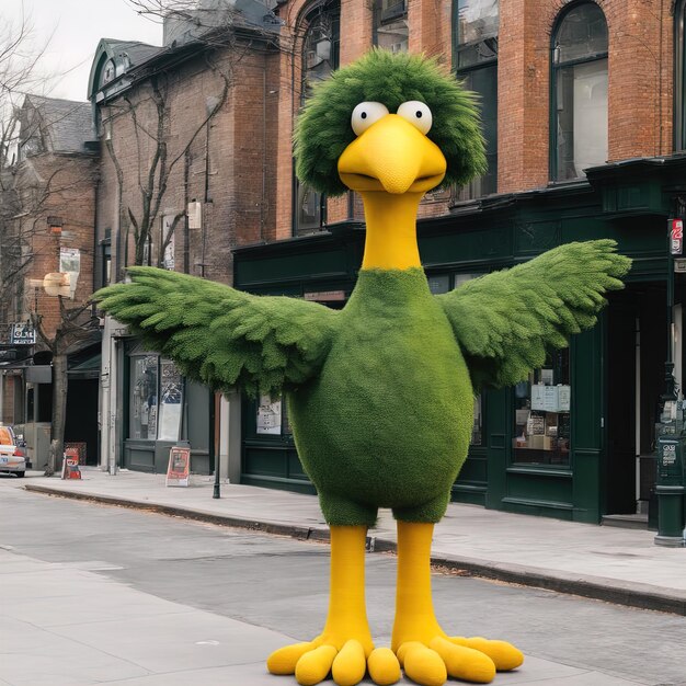 groene vogel in de stad, de groene papegaai op straat