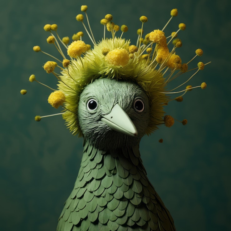 Foto groene vogel met gele bloemen een pseudo-realistische wildfotografie
