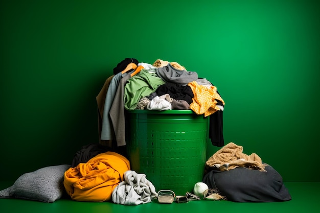 Foto groene vuilnisbak gevuld met kleren op de groene vloer generatieve ai