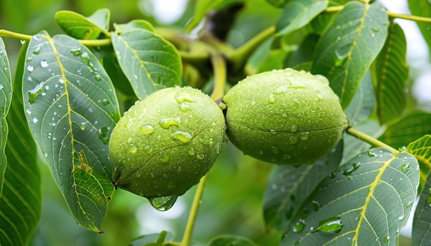 Groene walnoot op een tak met verse bladeren