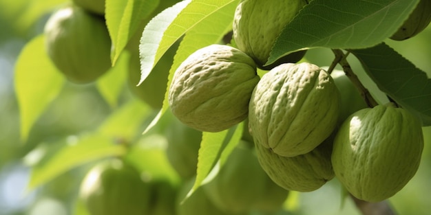 Groene walnoten op een boom in een tuin